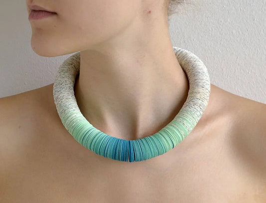 Necklace OMBRA turquoise made from book pages and gray papers