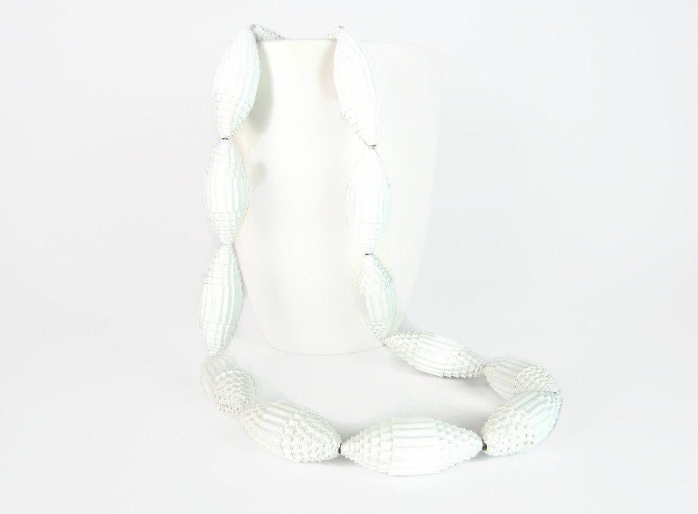 White: Statement Necklace FILA with Beads of Corrugated Cardboard