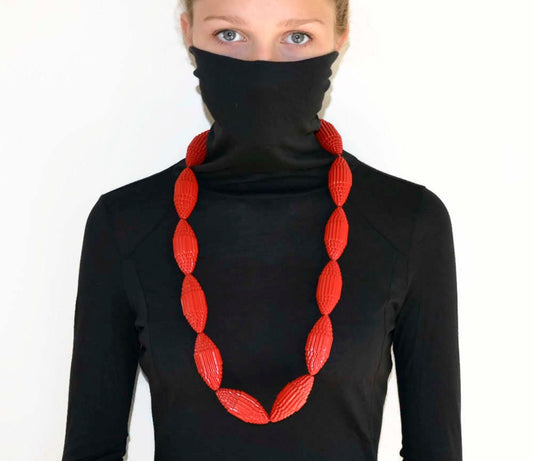 Poppy Red: Statement Necklace FILA with Beads of Corrugated Cardboard