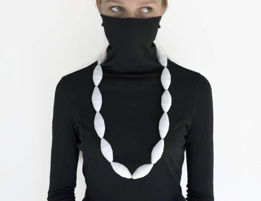 White: Statement Necklace FILA with Beads of Corrugated Cardboard