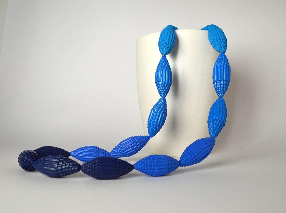 Shades of blue: Statement Necklace FILA with Beads of Corrugated Cardboard