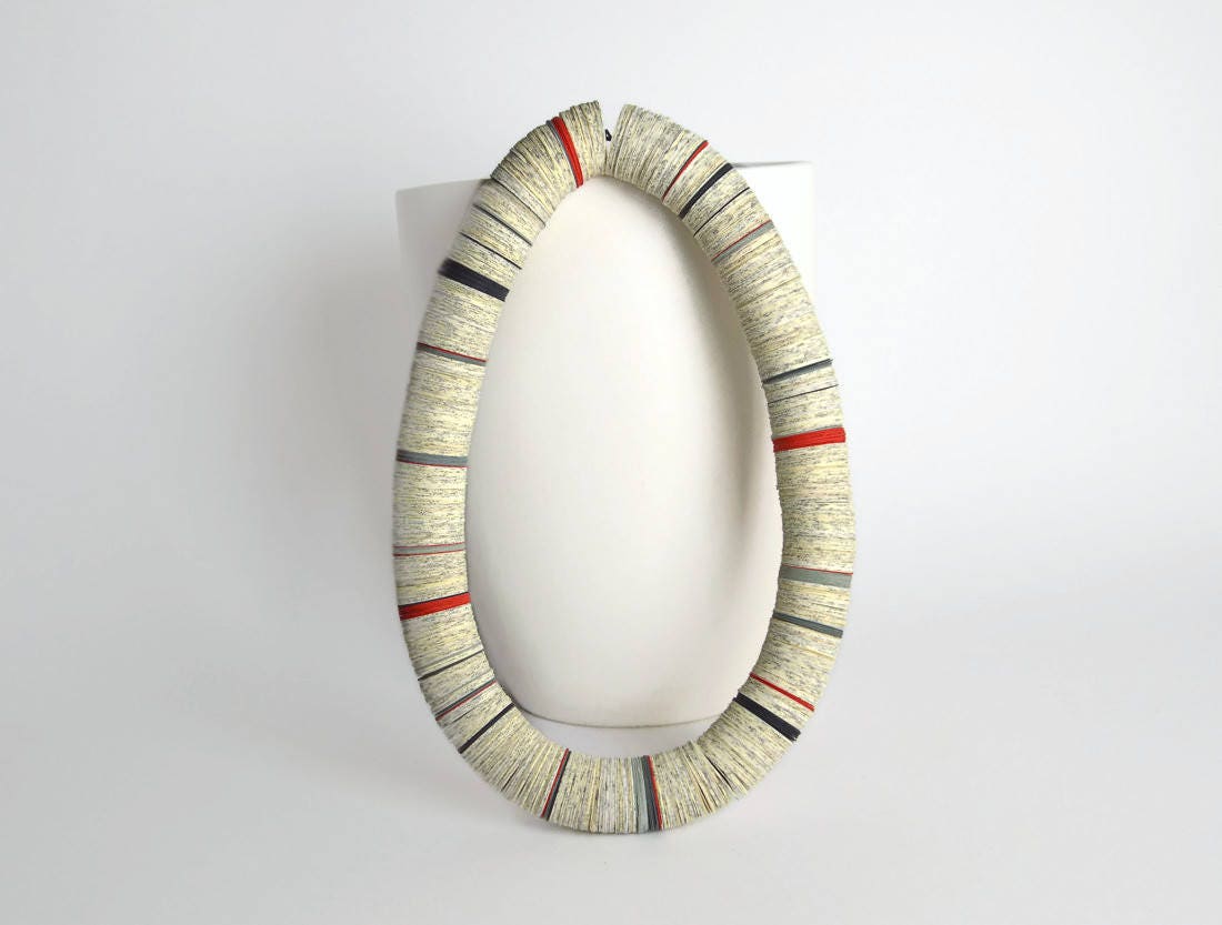 Paper necklace from book pages with red gray black stripes - made to order