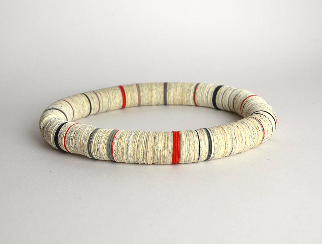 Paper necklace from book pages with red gray black stripes - made to order