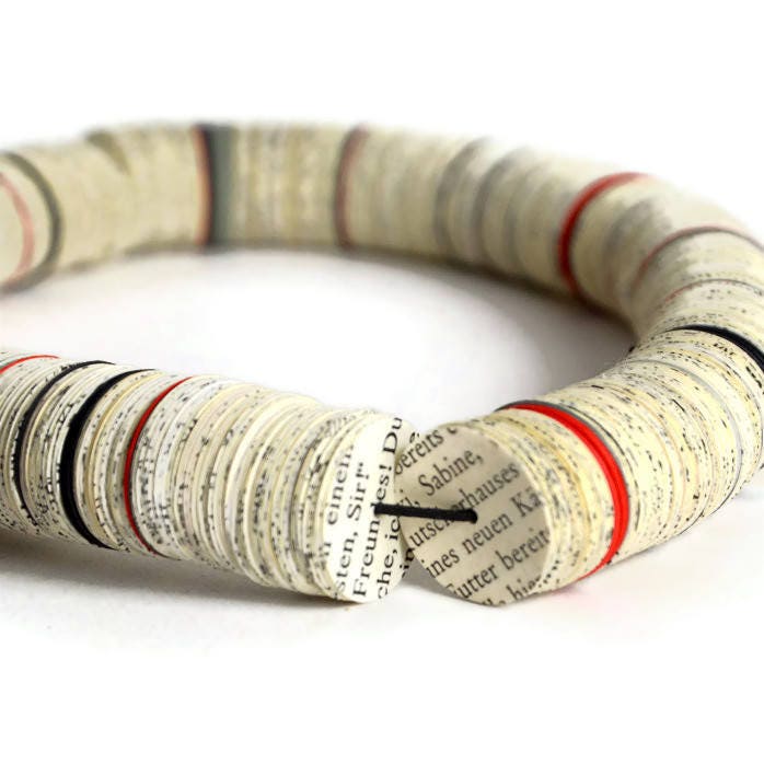 Paper necklace from book pages with red gray black stripes - made to order