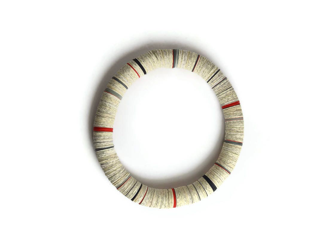 Paper necklace from book pages with red gray black stripes - made to order