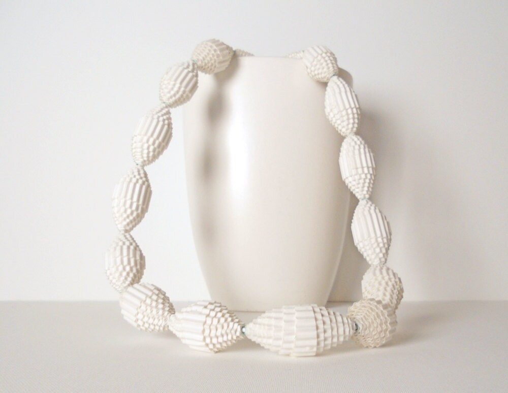 White: Statement Necklace FILA with Beads of Corrugated Cardboard